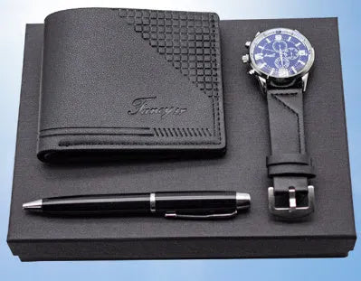 Creative Holiday Gift Wallet Pen Watch Set in brown or black with exquisite gift box, modern simplicity design