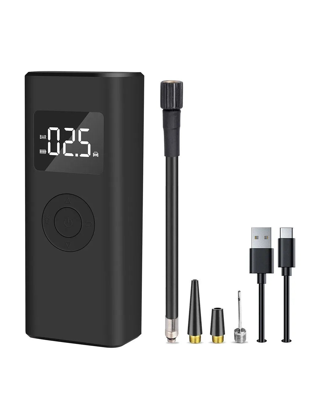 Black portable electric air pump 2500mAh wireless tyre inflator with auto stop, emergency light and TYPE-C charging, 155x64x40mm