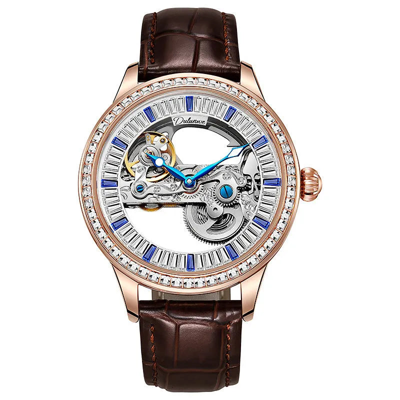 Men's luxury zircon waterproof mechanical watch with onion crown and transparent case back on wrist