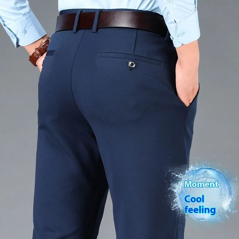 Men's straight-leg suit pants in dark blue with an elastic waistband, shown in a plus-size fit.