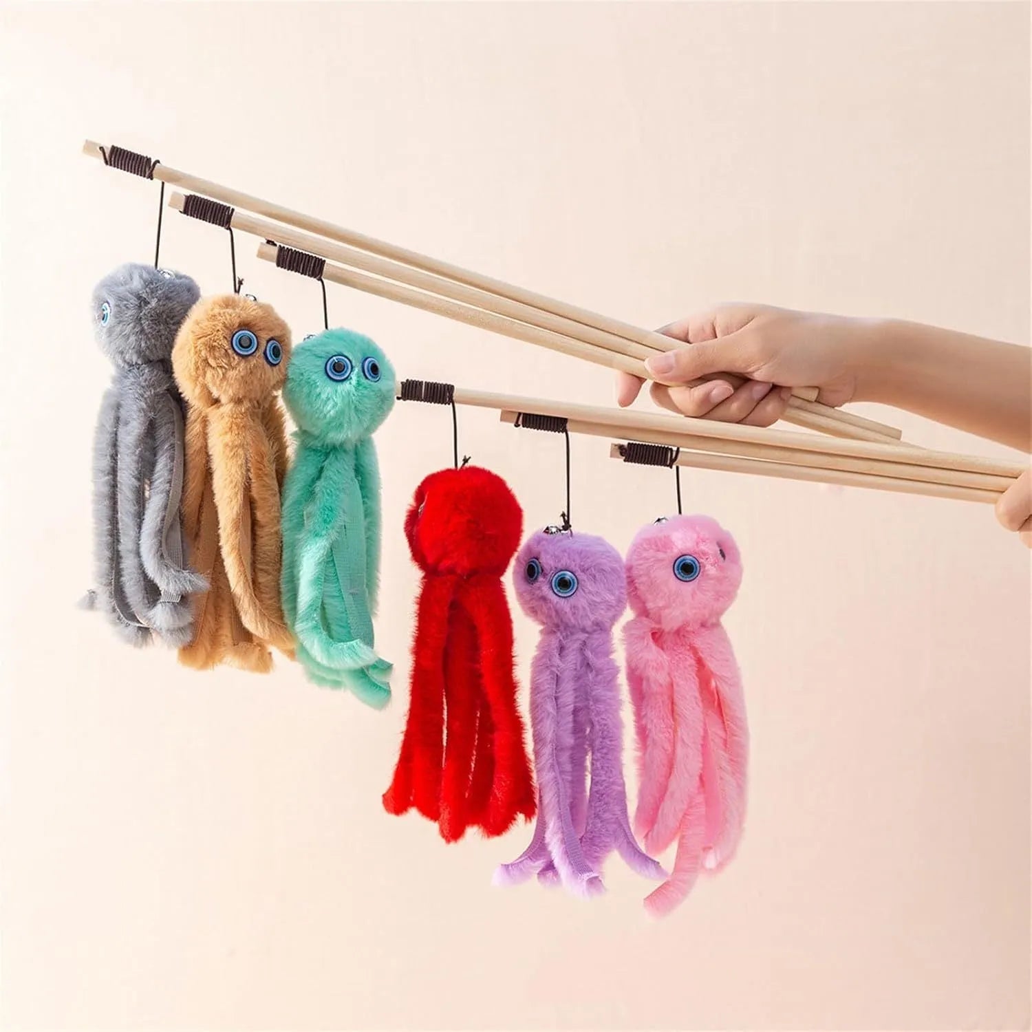 Octopus-themed cat toy on a 40cm stick in bright colours for indoor kitten play