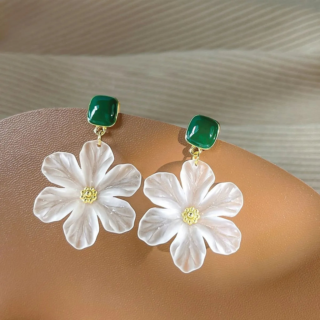 Dark green alloy drop earrings with a detailed sterling silver needle flowers sweet design.