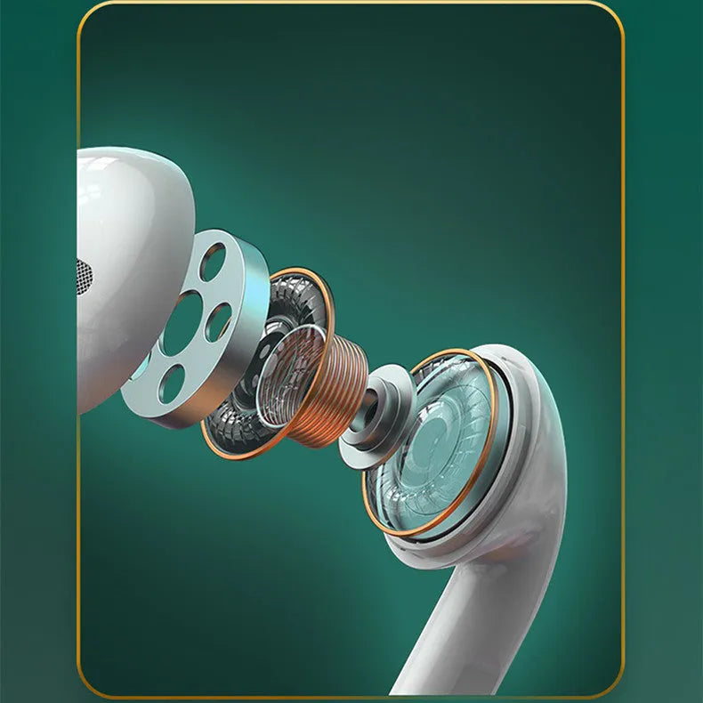 White Wireless Budz5 Bluetooth earbuds with charging compartment, showing semi-in-ear design