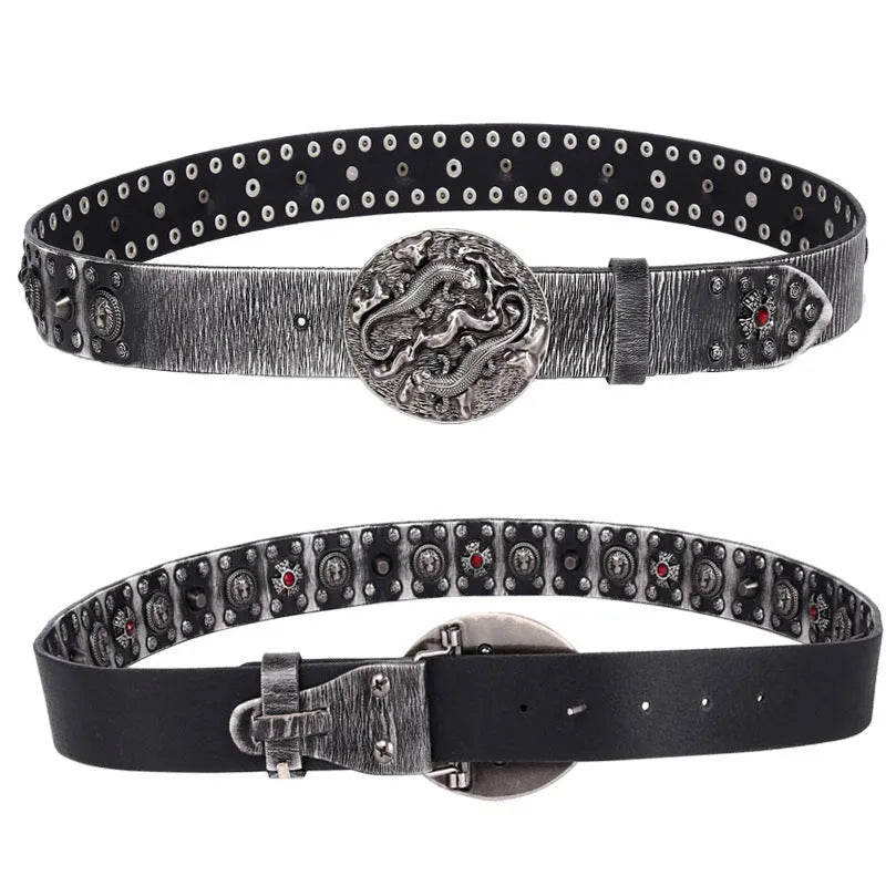Personality punk rivet men's leather belt in genuine leather with an alloy buckle.