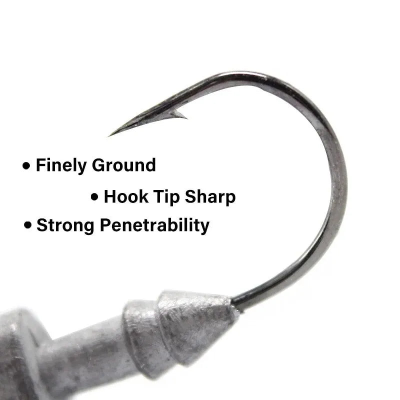 Yayu shaped lead fishing jig head hooks in blue, silver, and yellow colours showing different weights.
