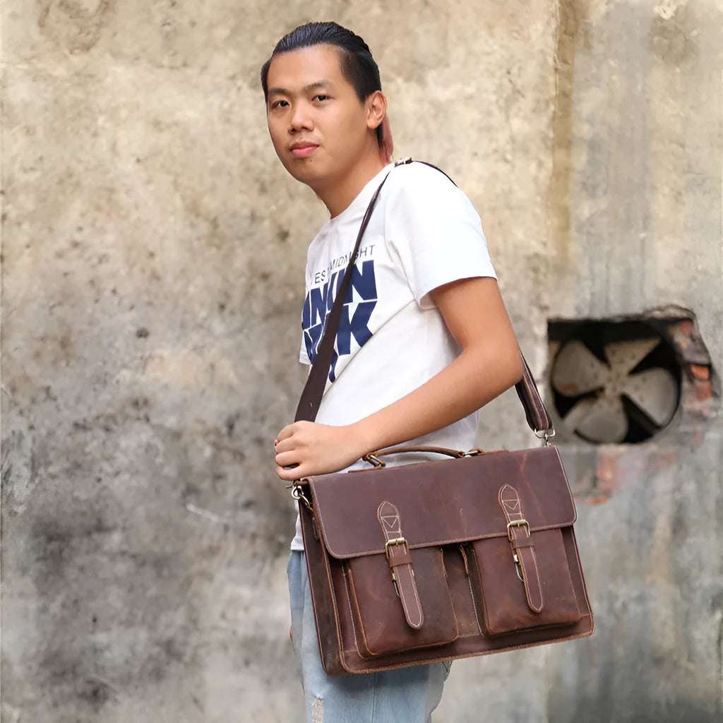 Small yellow brown Crazy Horse leather messenger bag with shoulder strap for men