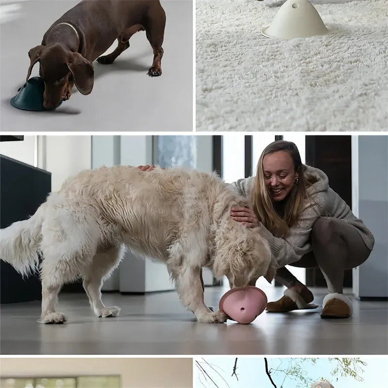Large green interactive dog puzzle toy with treat slots on a floor.