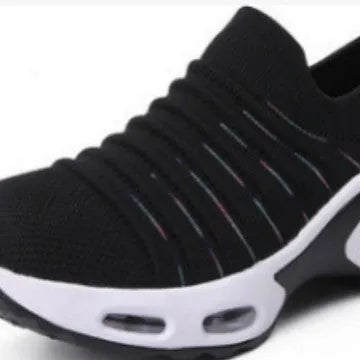Women's plus size fly-knit sock shoes in stretch mesh material with low heel and round toe