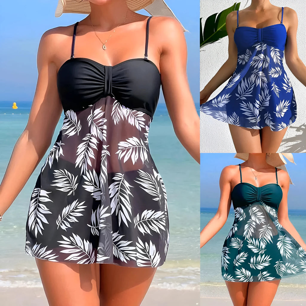 Women's high-waist mesh swim boxer briefs in black, blue, and peacock green on a size chart.