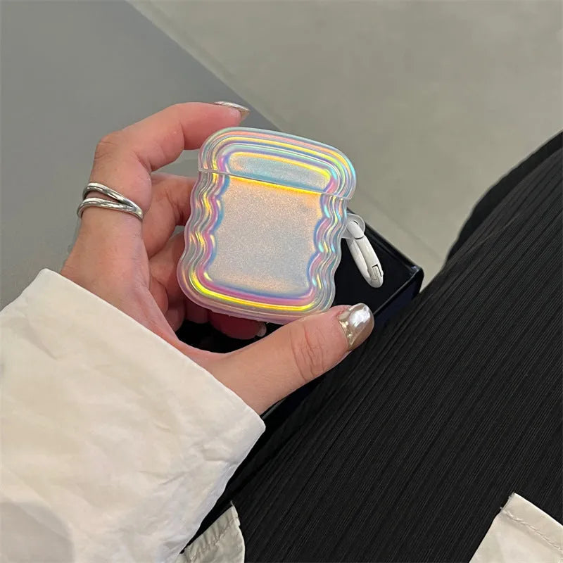 Colourful silicone protective case for Apple AirPods with a laser ring design on the front.
