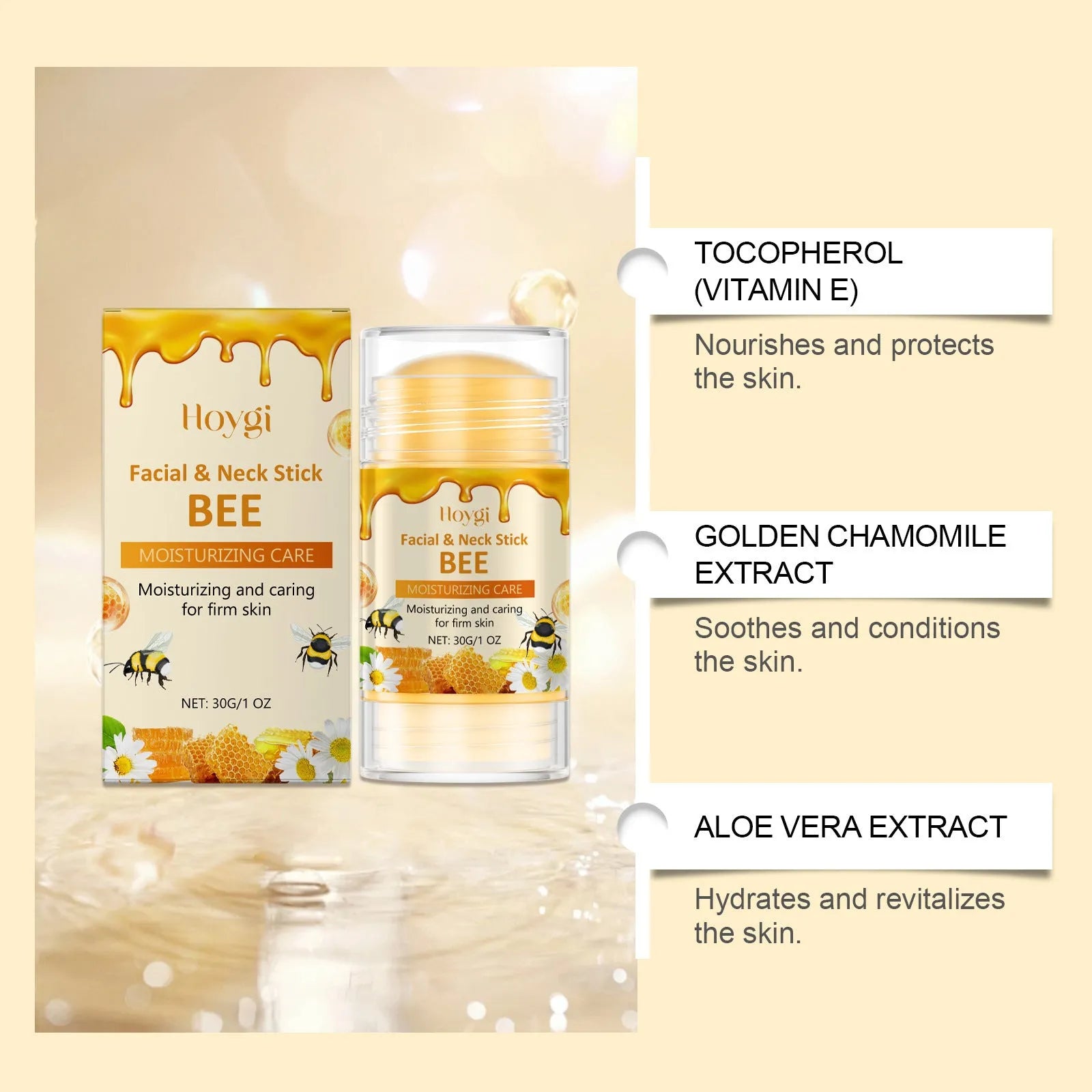 30g moisturising facial essence stick with beeswax and natural extracts including chamomile and aloe vera