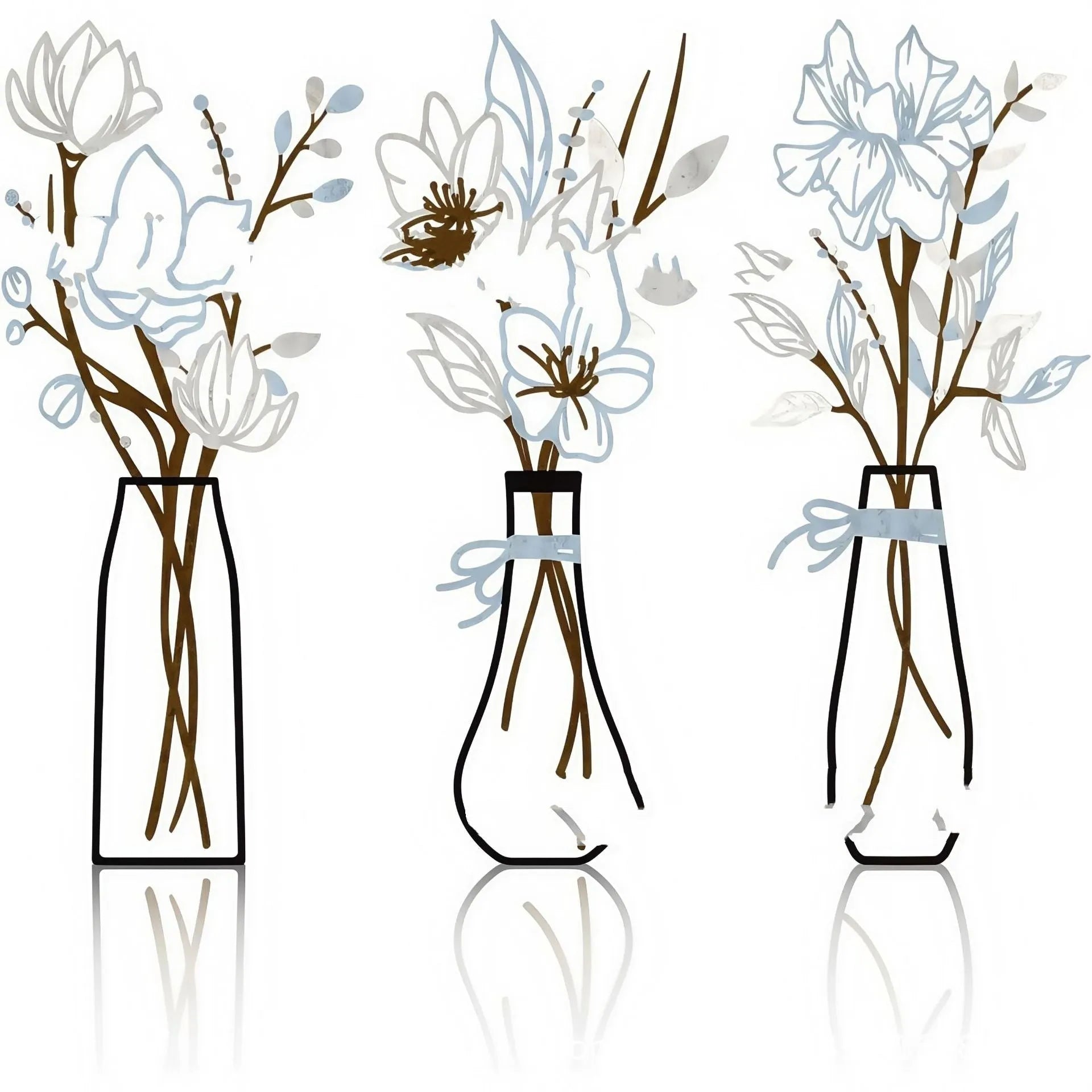 3-piece metal flowers wall art set in alloy with colour vase styles for country farmhouse decoration