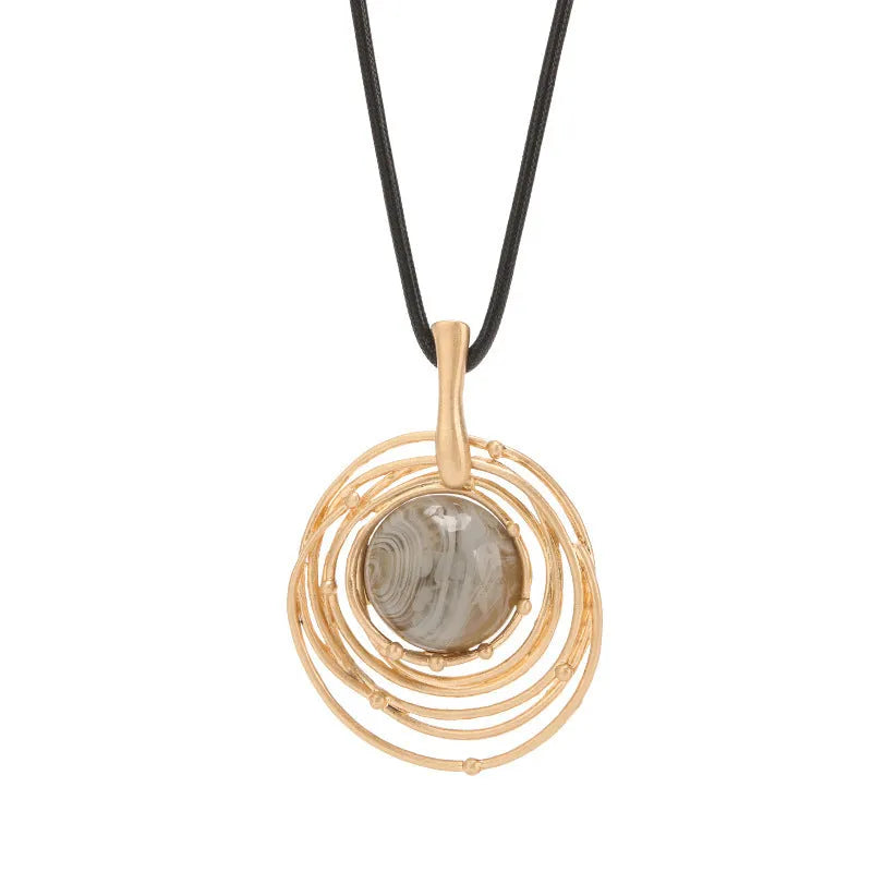 Vintage large round geometric plaid pendant necklace with snakeskin rope chain in gold colour