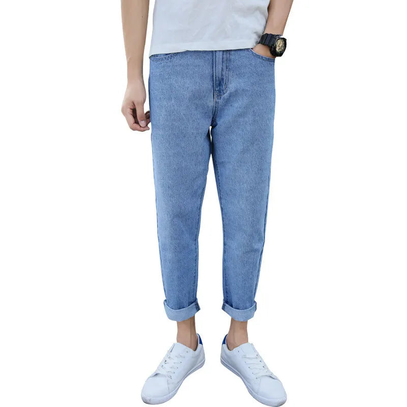Men's loose straight harem jeans in black or blue, showing relaxed fit and straight leg opening, suitable for casual occasions.