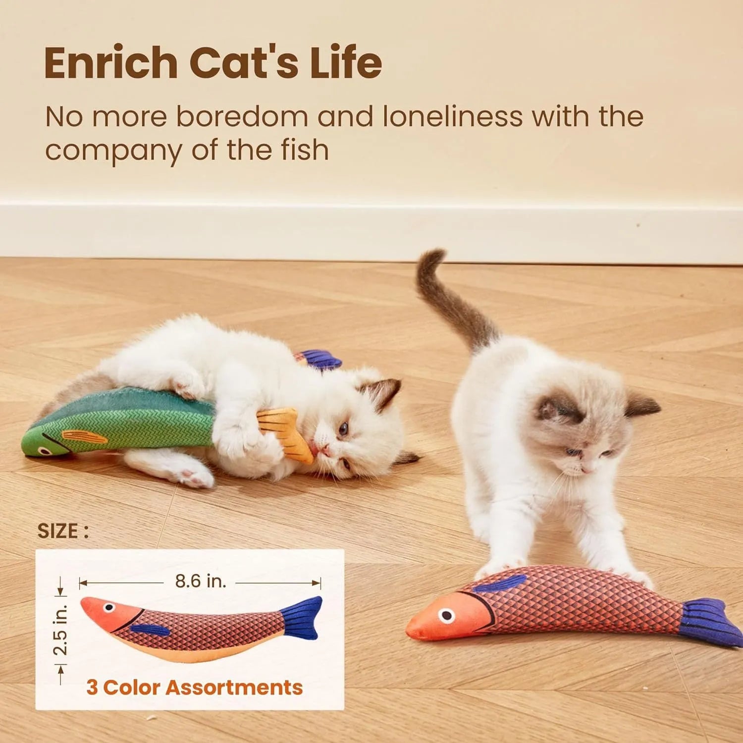 Green catnip-filled saury fish cat toy with crinkle sound, measuring 24 cm for indoor feline exercise