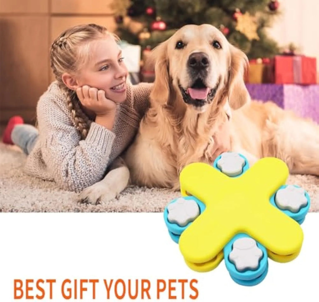 Yellow dog puzzle feeder with three rotating layers and claw-shaped lids for interactive feeding