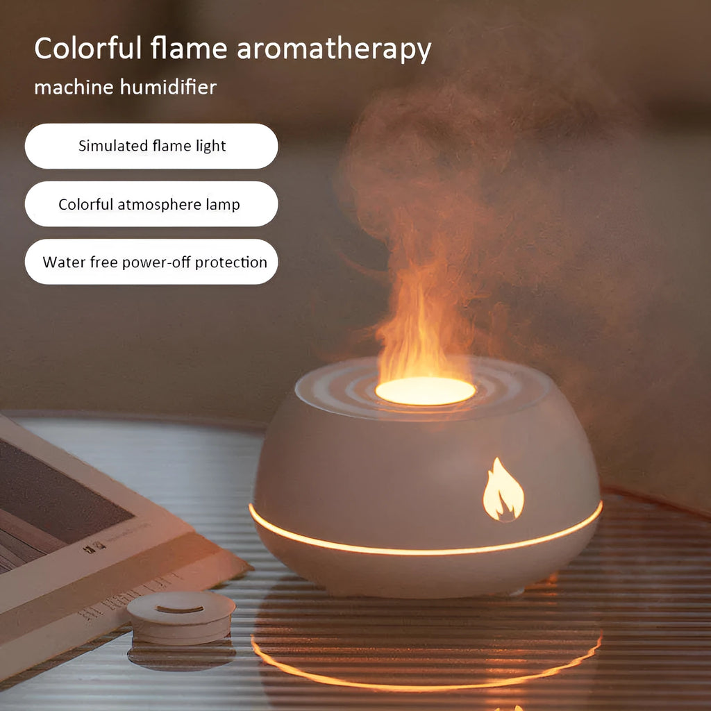 Black USB flame effect aromatherapy humidifier diffuser with LED lights and directional mist nozzle