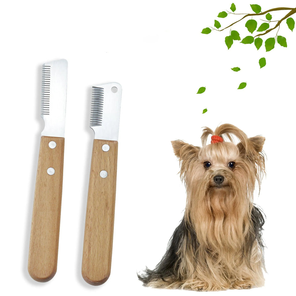 Pet stripping comb with wooden handle for grooming cats and dogs, removes floating hair and tangles.