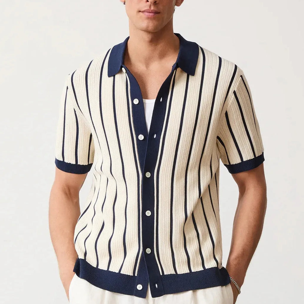 Men's white asymmetric lapel knitted top with short sleeves and striped pattern, made from ice silk and spandex fabric