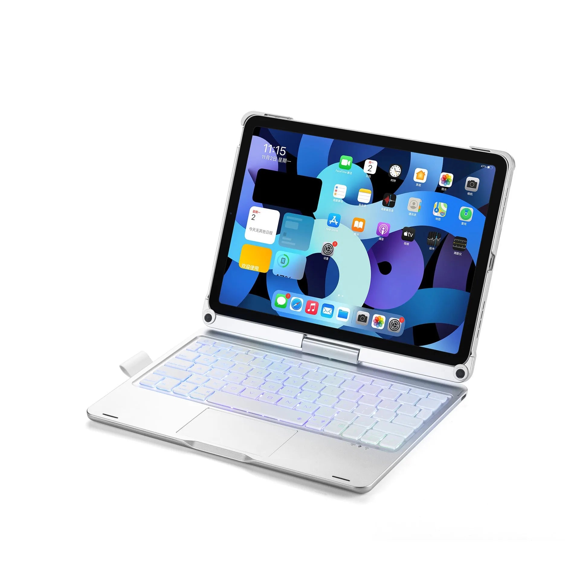 Miaocontrol Bluetooth keyboard rotating 360 degrees with Apple iPad tablet attached