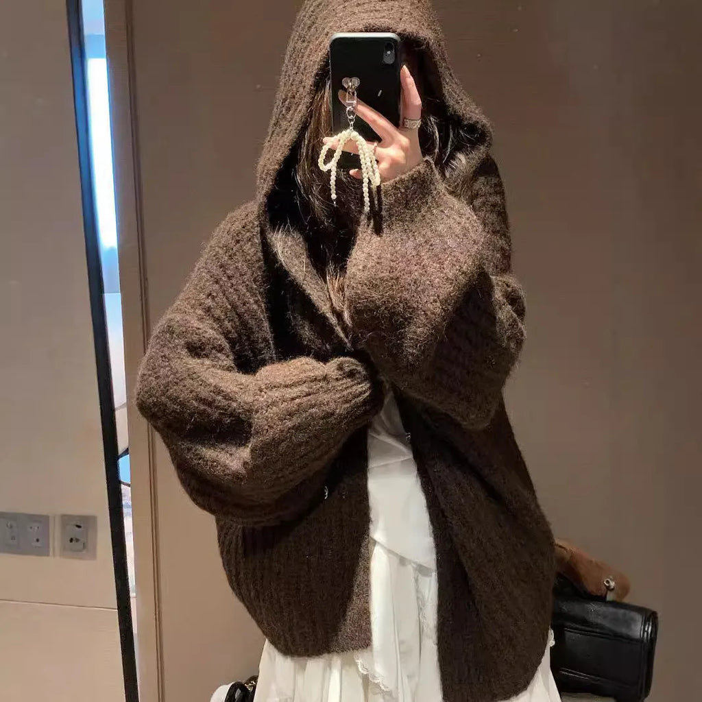 Retro Maillard hooded sweater cardigan for women in dark grey, brown, or milky white with thick acrylic fabric and free size design