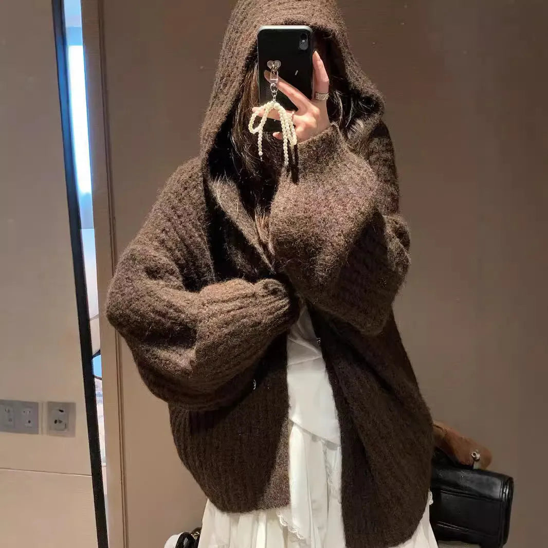 Retro Maillard hooded sweater cardigan for women in dark grey, brown, or milky white with thick acrylic fabric and free size design
