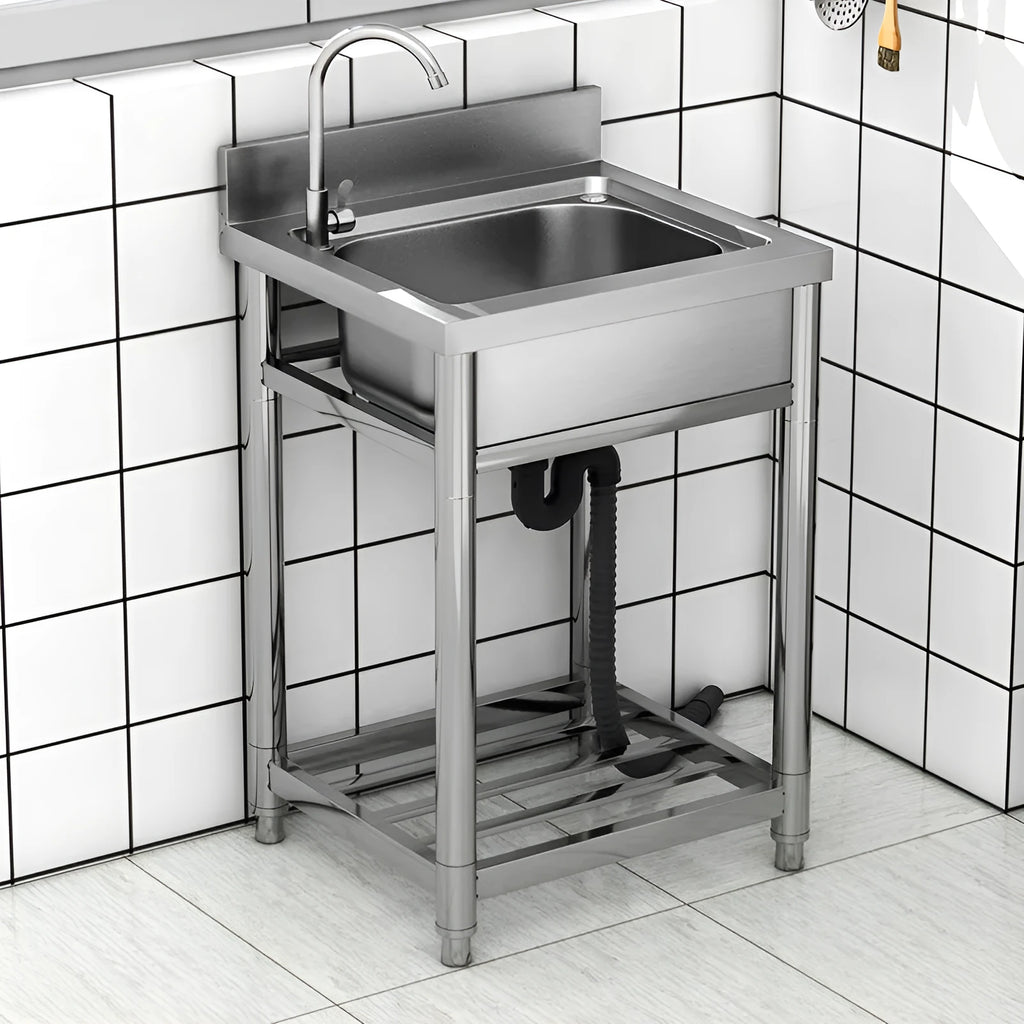Brushed stainless steel single bowl kitchen sink with a deep groove design.