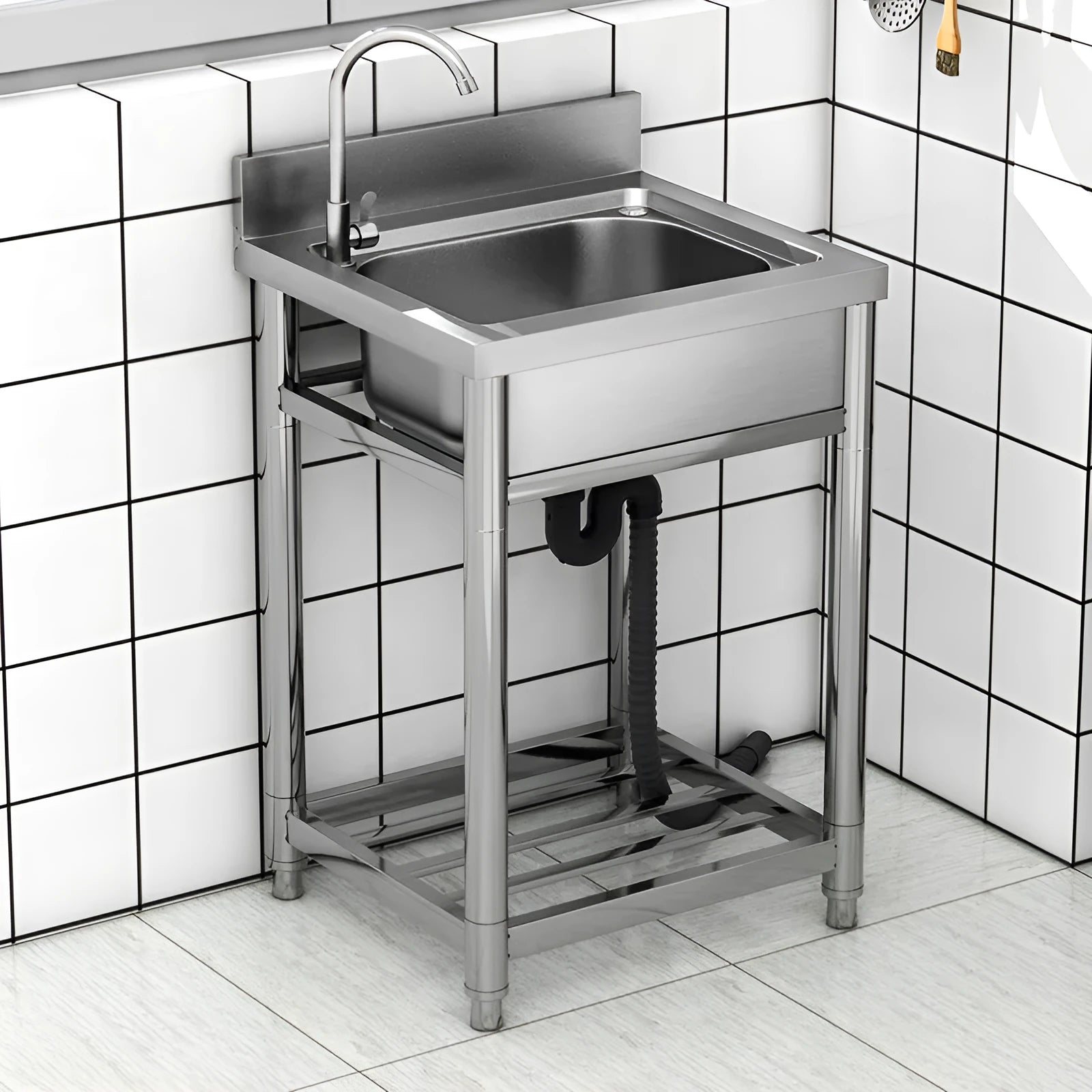 Brushed stainless steel single bowl kitchen sink with a deep groove design.