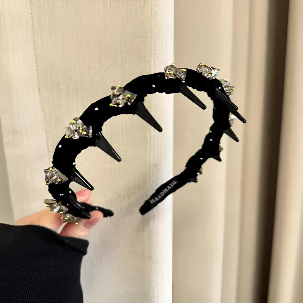 A wine red velvet hairband with crystal decorations, designed for non-slip use during face washing.