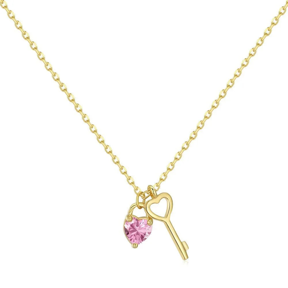 925 sterling silver heart-shaped key pendant necklace for women in platinum or gold electroplated finish