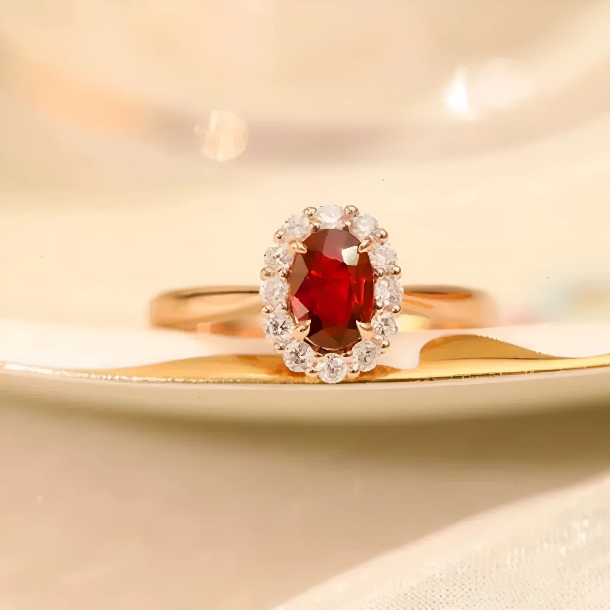 Women's sterling silver ring with gold pigeon blood ruby gemstone and floral pattern design