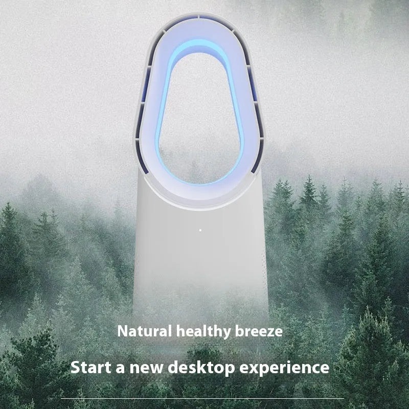 SK Bladeless Fan in white with remote control and touch screen, placed on a desk or floor