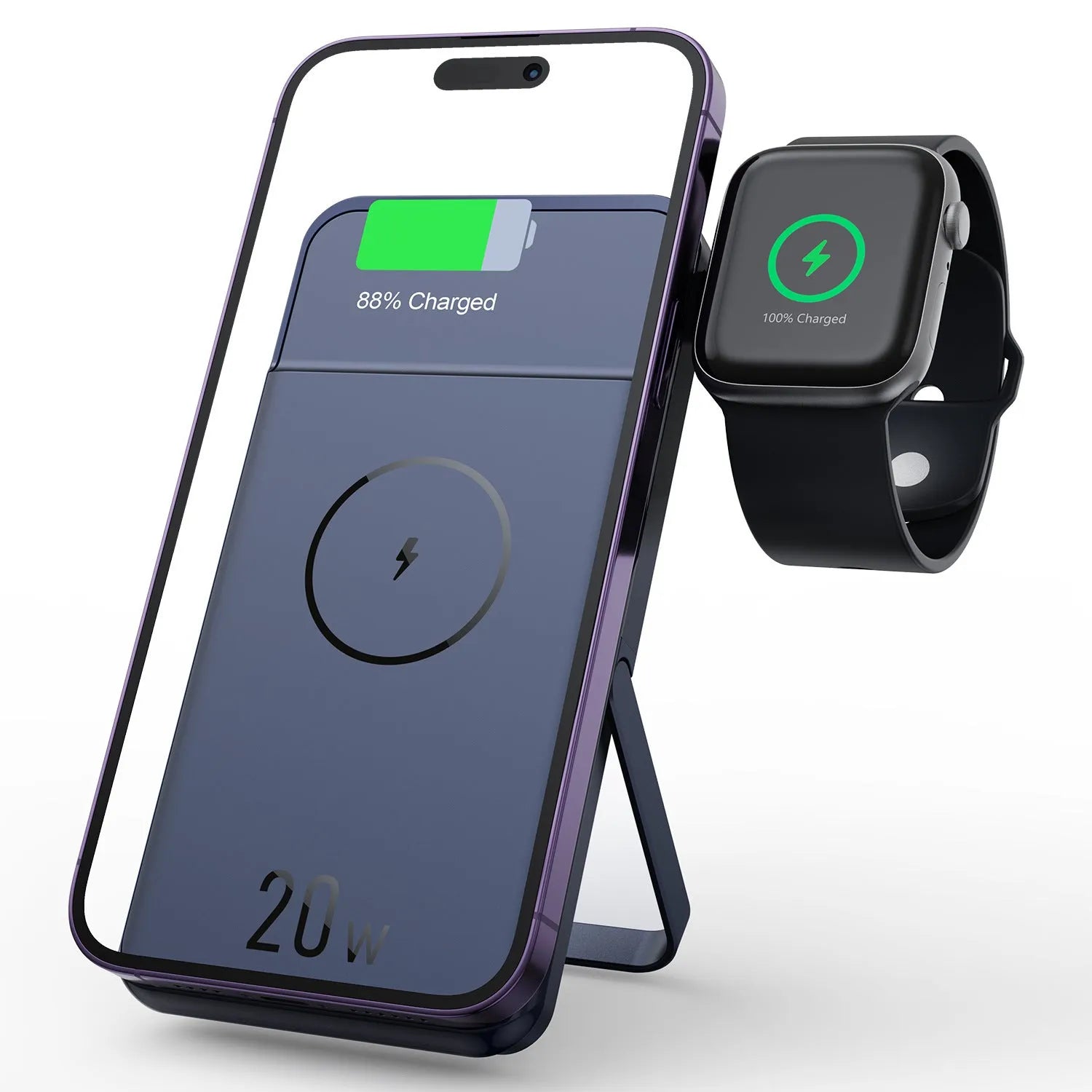 Black magnetic wireless power bank with bracket showing 10000mAh capacity and industrial design