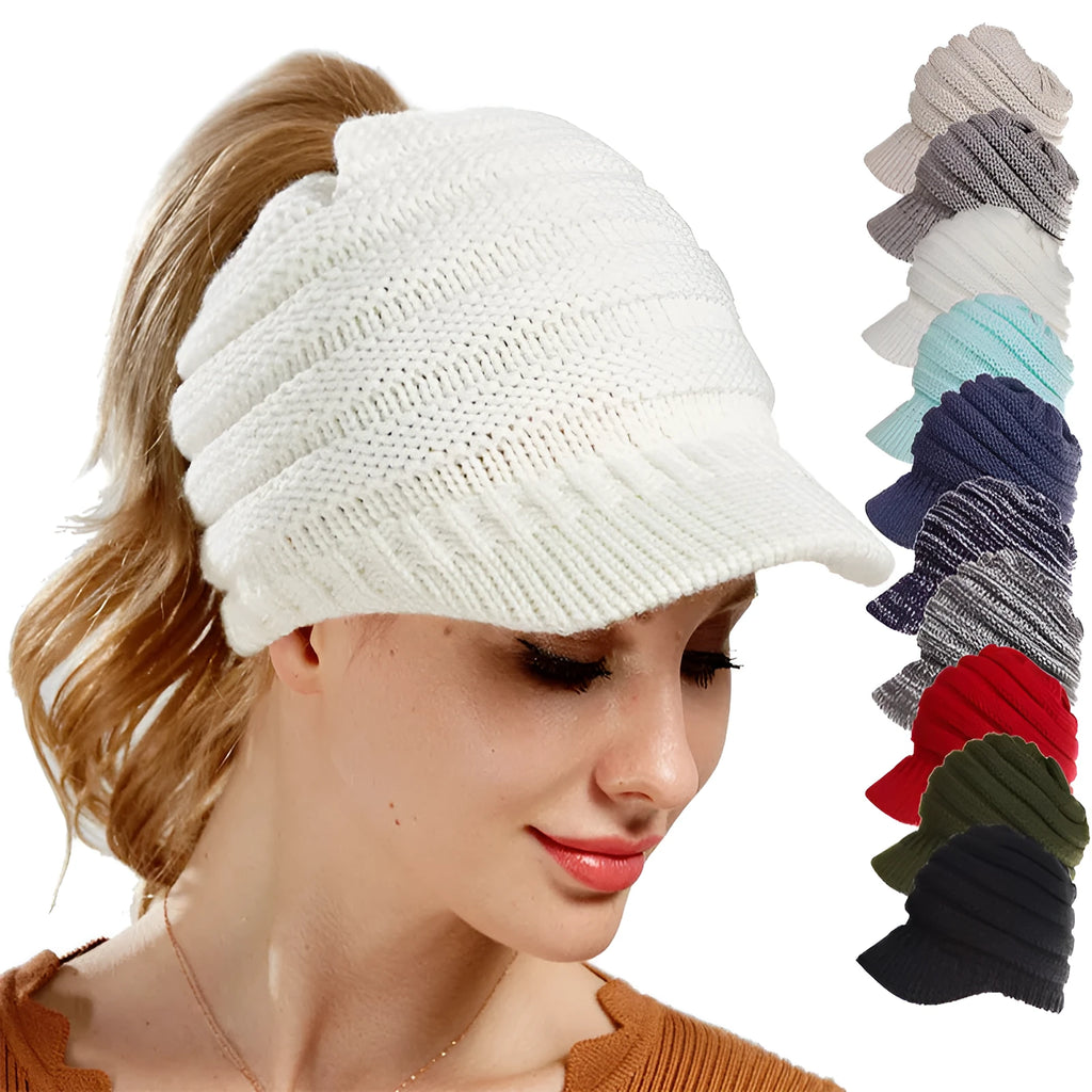 Women's soft acrylic knit ponytail beanie hat in assorted colours on a white background