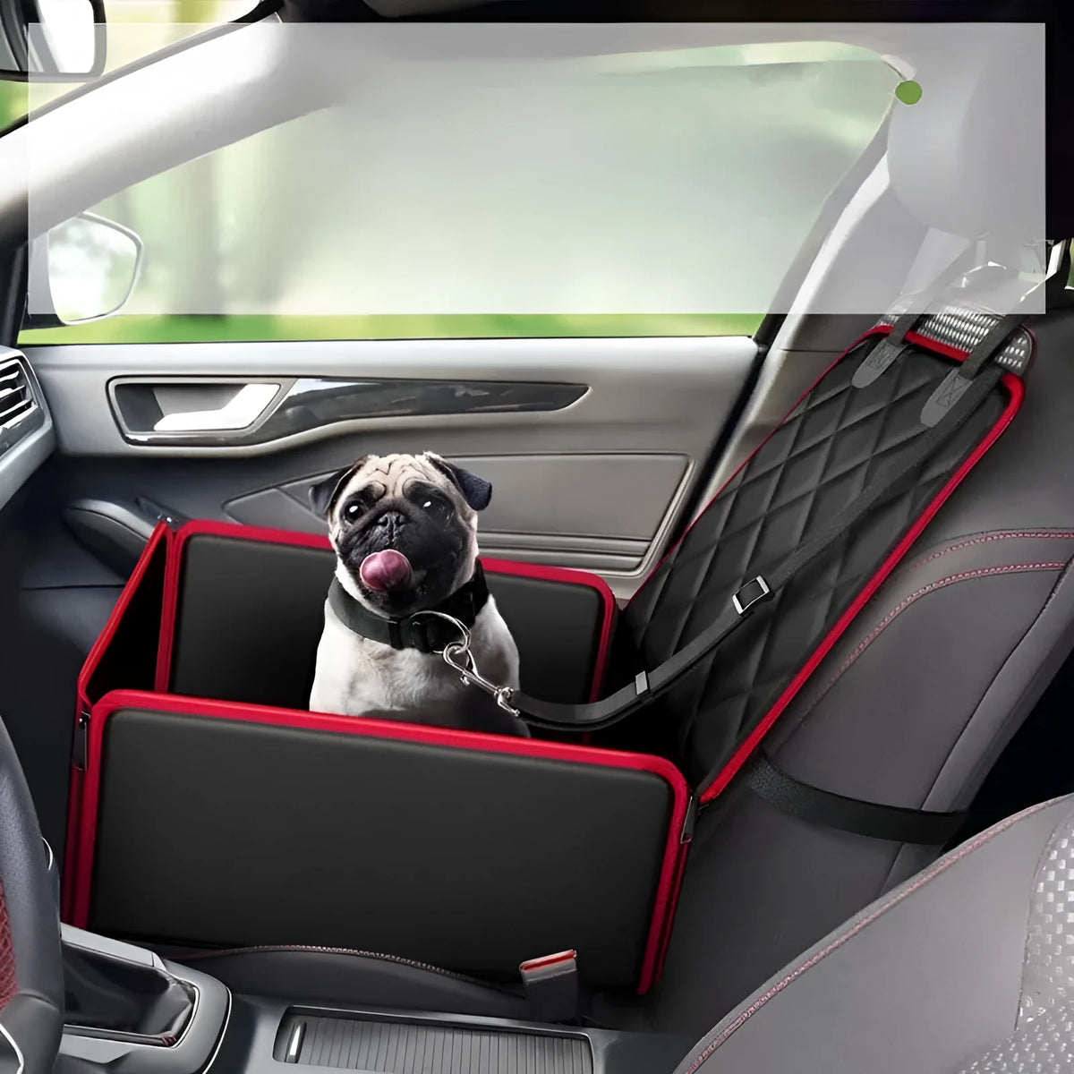 Black non-slip car pet pad for dogs on a car seat, showing anti-dirt surface.