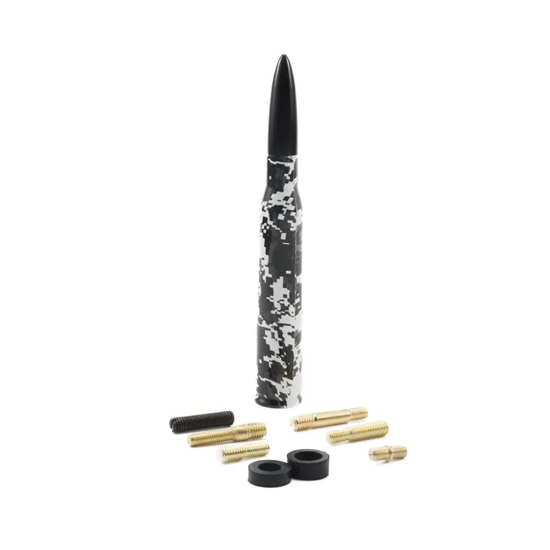 Universal 14cm car bullet antenna shown in black, camouflage green, and American flag designs.