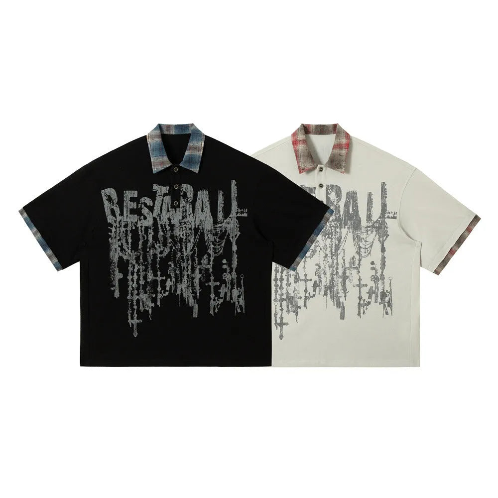Men's loose short-sleeved top with asymmetric lapel and graffiti printing in 100% cotton fabric