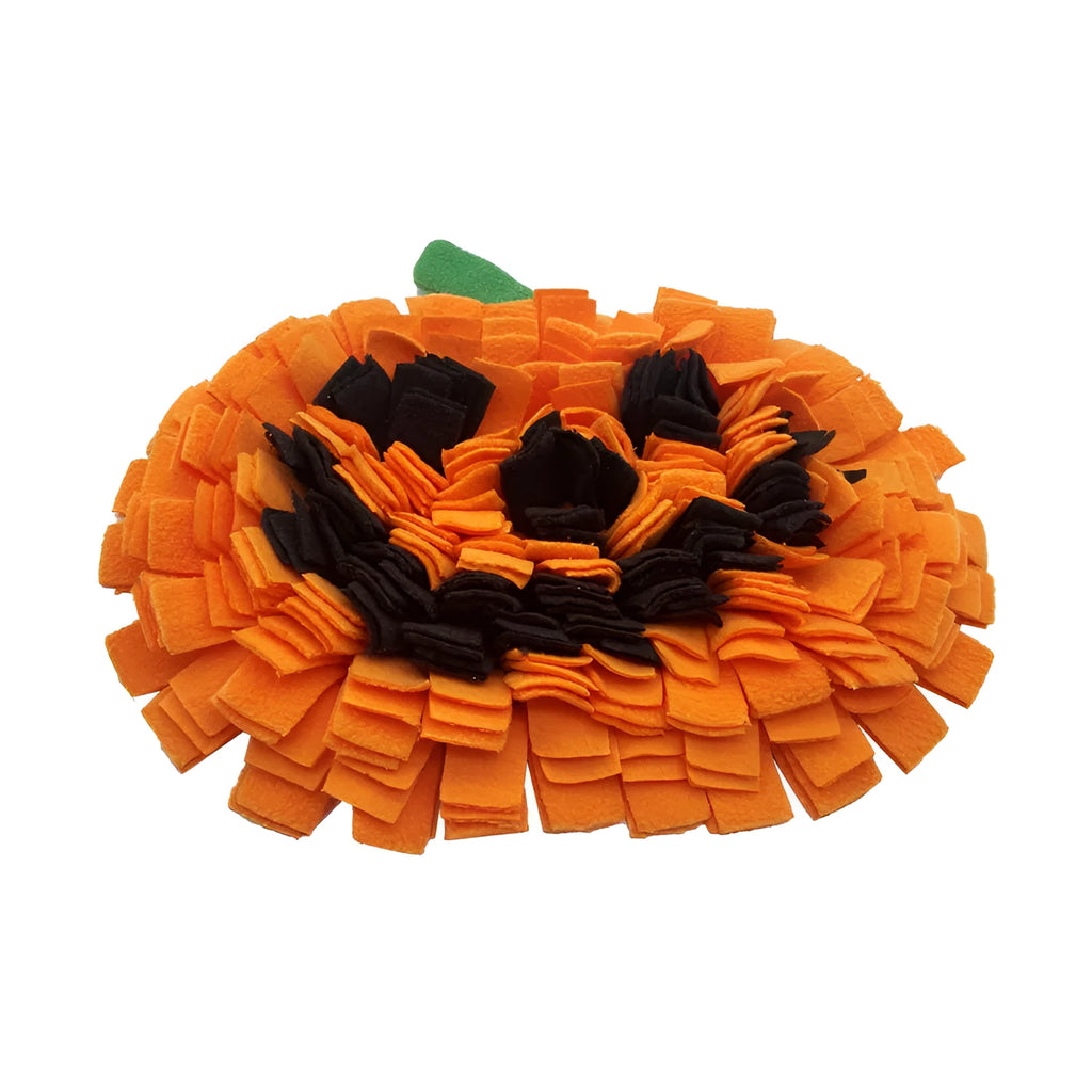 Orange pumpkin-shaped dog sniffing mat with fur fabric surface for slow feeding and food training