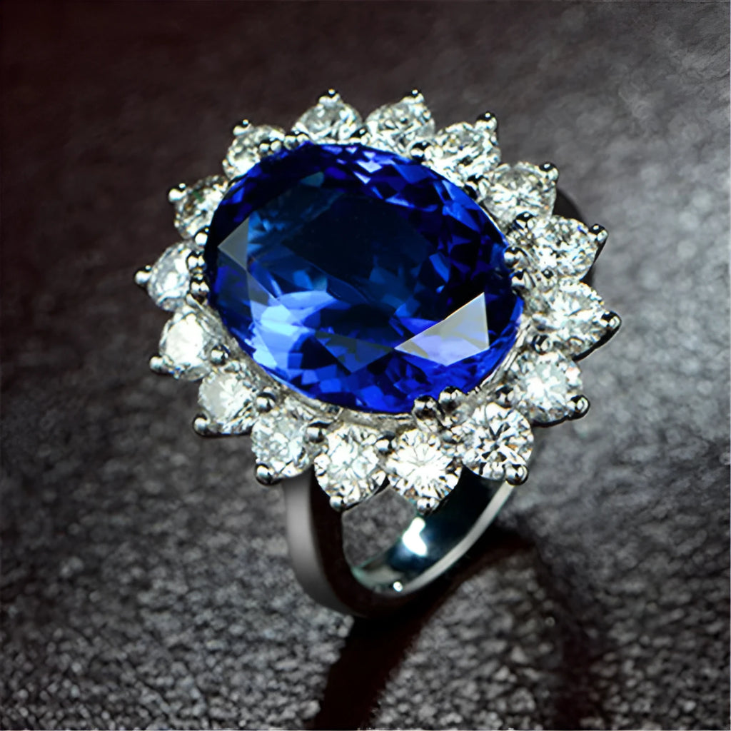 Adjustable opening geometric rhinestone ring in platinum-colour white copper with tanzanite sapphire stones