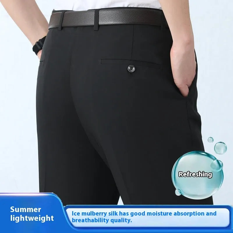 Men's straight-leg mulberry silk trousers in dark blue with high waist and non-iron fabric for business
