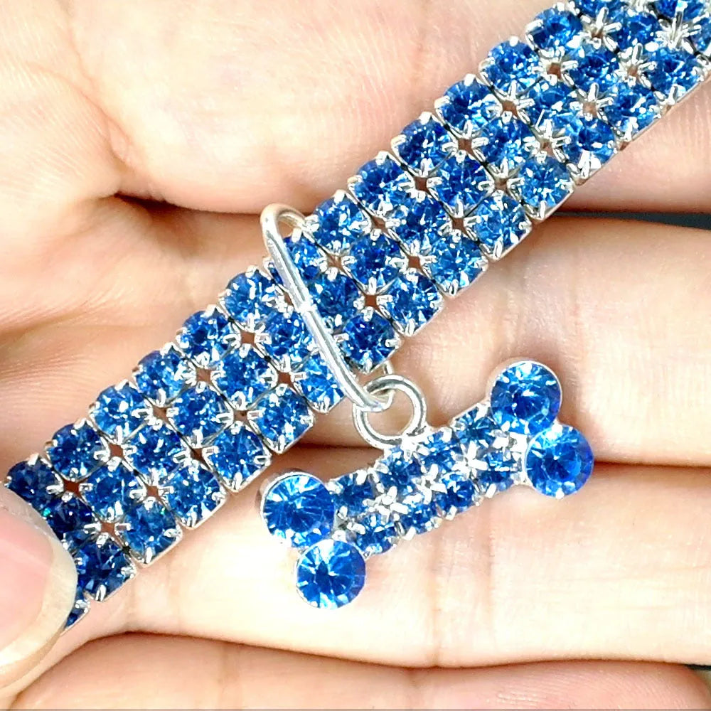 Rhinestone dog collar with crystal pendant in blue, white or pink for small dogs and cats