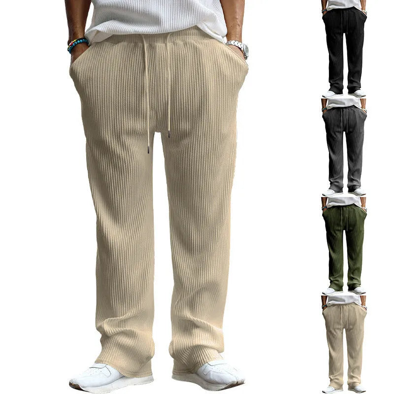 Men's loose striped high waist straight trousers in army green with micro elasticity for casual wear