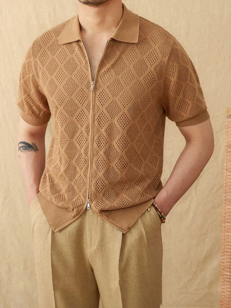 Cotton zipper front cardigan with lapel collar in light coffee colour, short sleeves, casual wear