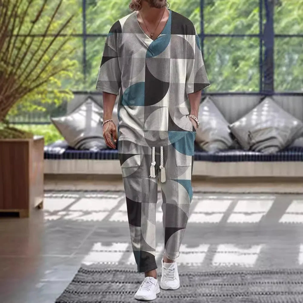 Cropped sleeves V-neck trousers suit in thin polyester fabric with size range S to 6XL