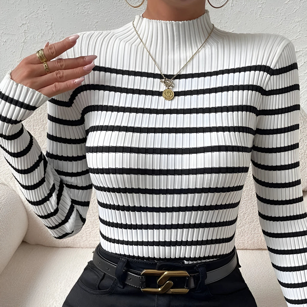 White long sleeve turtleneck sweater with sunken stripe pattern, slim fit thick acrylic pullover for women