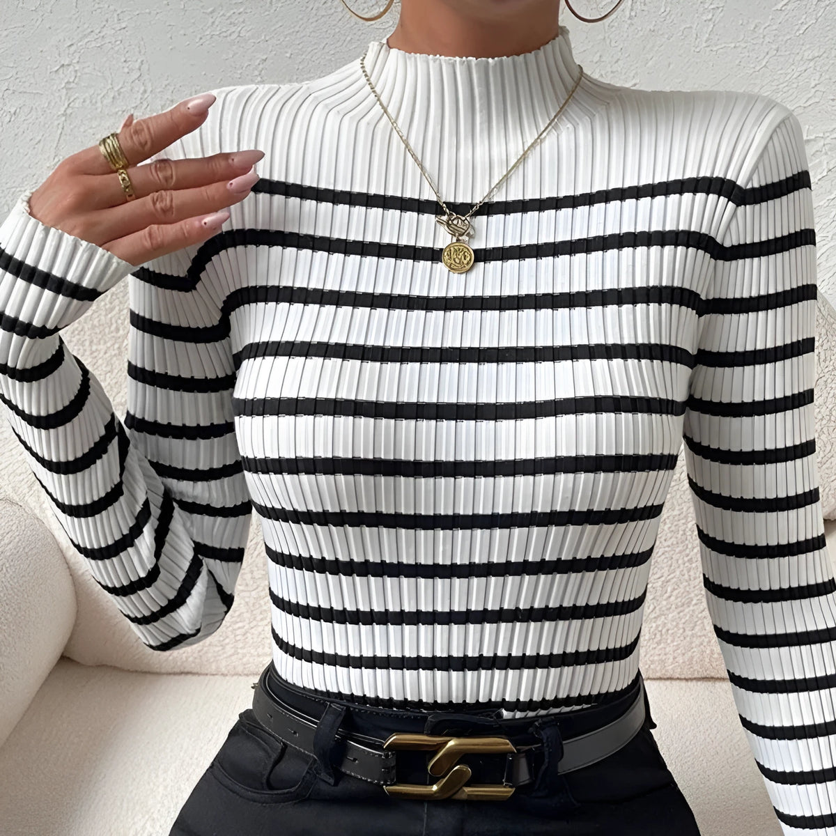 White long sleeve turtleneck sweater with sunken stripe pattern, slim fit thick acrylic pullover for women
