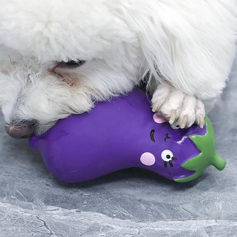 Latex vegetable dog chew toy with cartoon onion and eggplant design measuring 7x5x13cm