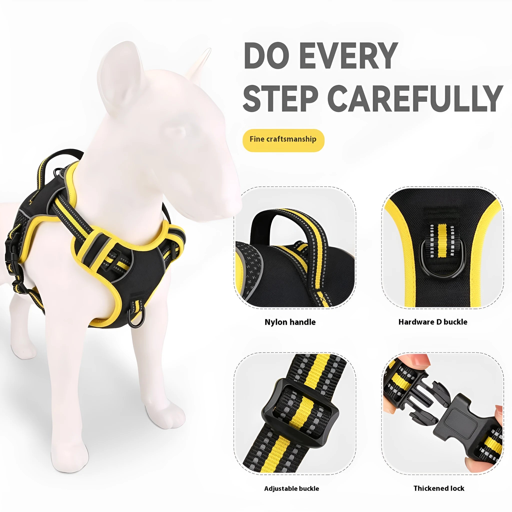 Yellow polyester dog harness and traction strap set shown with anti-breaking design for outdoor training