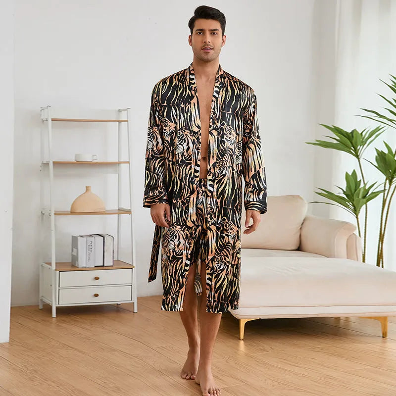 Men's tiger pattern long sleeve bathrobe with matching shorts on a hanger