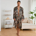 Men's tiger pattern long sleeve bathrobe with matching shorts on a hanger